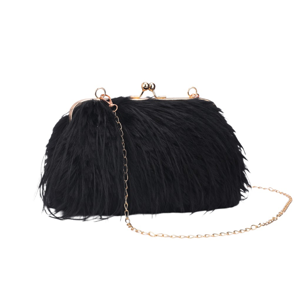 INSPIRE CHIC Clutch Purse for Women Fluffy Feather Crossbody Pearl Handbag with Chain 11*2.8*5.1 inches Black