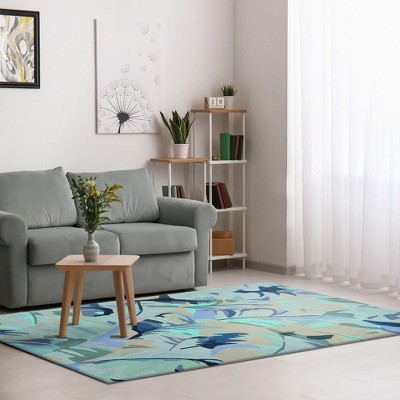 Hand-Tufted Round Blue Palm Leaf Synthetic Rug 2' x 3'