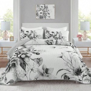 Grey Floral Quilt Set, 3 Pieces, Soft Microfiber, Lightweight White Bedspread, 90x96 - 1 of 4