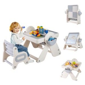 Costway 6-in-1 Multi-activity Children Table & Chair Set with Pen Slot, Storage Baskets Gray/Orange - 1 of 4