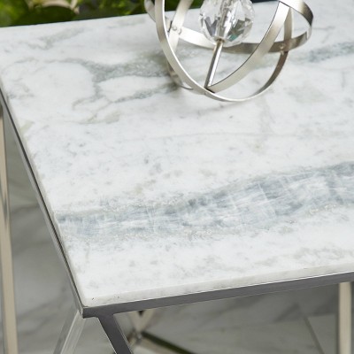 Elegant Silver Stainless Steel & Marble Square Accent Table - 18" x 21"