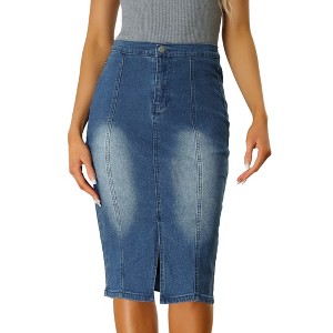Allegra K Women's Slit Elastic High Waist Below Knee Length Stretch Bodycon Pencil Denim Skirt - 1 of 4