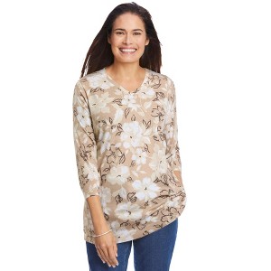 Woman Within Plus Size Perfect Printed Three-Quarter Sleeve V-Neck Tee - 1 of 4