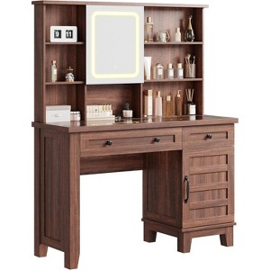 Makeup Vanity Desk, with Mirror and Lights, 42" Glass Top Vanity Table, Upholstered Stool, Drawers, Cabinet & Open Shelves, 2 Storage Drawers - 1 of 4