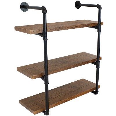 Sunnydaze 3 Shelf Industrial Style Pipe Frame Wall-Mounted Floating Shelf with Wood Veneer Shelves - Teak Veneer