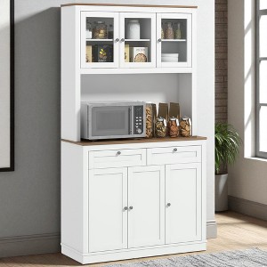 Mshliw 71" Tall Kitchen Pantry Cabinet with Microwave Stand, Freestanding Buffet Hutch with Glass Doors, 2 Drawers, 6 Doors and Adjustable Shelves - 1 of 4