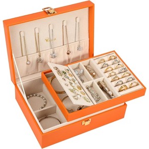 2-Layer Pink PU Leather Jewelry Box, Vintage Organizer with Removable Tray for Necklaces, Earrings, Rings, Bracelets - 1 of 4