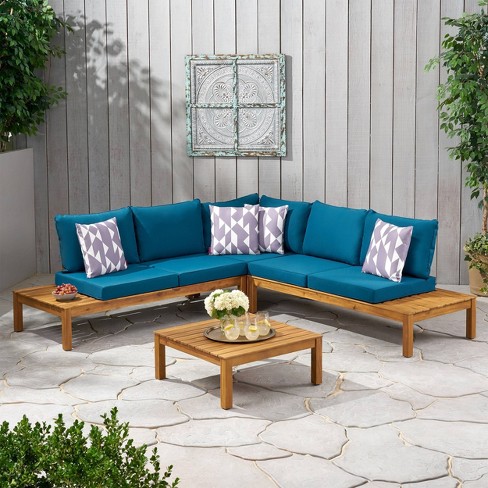 Arlington 4pc Acacia Wood V Shaped, Teak Wood Outdoor Furniture Sectional Sofa