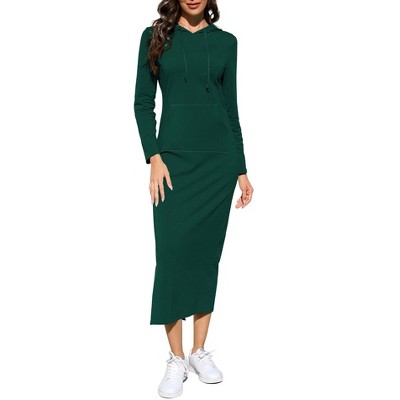 Women's Long Sleeve Hooded Midi Dress - Casual Pullover with Kangaroo Pocket & Side Slit