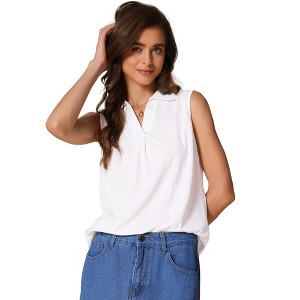 INSPIRE CHIC Women's Summer Sleeveless V Neck Turndown Collar Polo Casual Blouse - 1 of 4