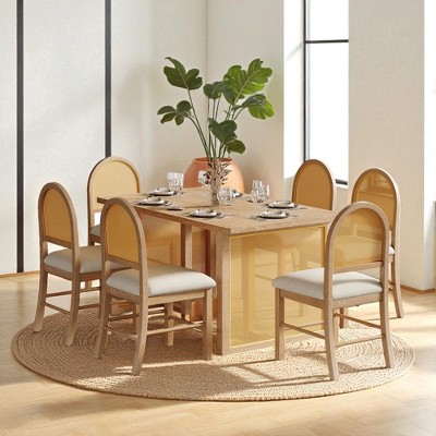 7-Piece Farmhouse Dining Table Set with 59.8" Distressed Oak Veneer Table and 6 Upholstered Rattan Back Chairs, Rustic Kitchen Furniture