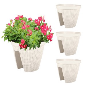Aoodor 12'' Balcony Rattan Pattern Railing Planter Box with Drainage Holes and Adjustable Brackets for Outdoor Garden Patio,Deck,Fence Set of 4 - 1 of 4