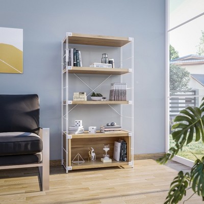 Natural Wood and White Metal 4-Shelf Etagere Bookcase