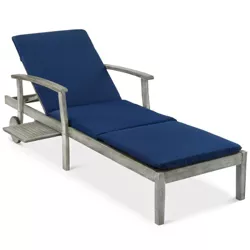 Best Choice Products 79x26in Acacia Wood Outdoor Chaise Lounge Chair w/ Adjustable Backrest, Table, Wheels - Gray/Navy
