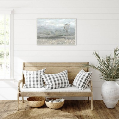 Country Meadow Windmill Scenic Landscape Canvas Print with White Floater Frame