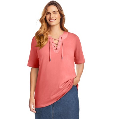 Woman Within Women's Plus Size Lace-Up Knit Tee
