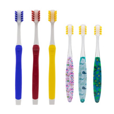 A Better Toothbrush V++Max Toothbrushes 3 Pack Soft (Red, Blue and Yellow) with 3 Kids Toothbrushes Pattern (Dinosaurs, Narwhals, Unicorns)