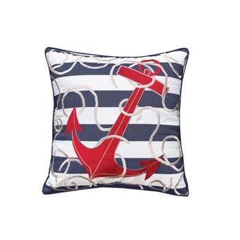 RightSide Designs Blue Stripe Red Anchor Indoor / Outdoor Throw Pillow