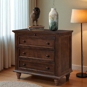 28" Nightstand with Pine Wood Veneer, Minimalist Bedside Cabinet with 3 Drawers, Pull-out Tray, Rubber Legs, Metal Handle - 1 of 4