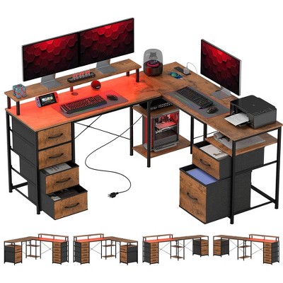 HOMCOM 66" Reversible L Shaped Desk with File Drawer, 105" Two Person Desk with Power Outlet and LED Light, Monitor Shelf and CPU Stand