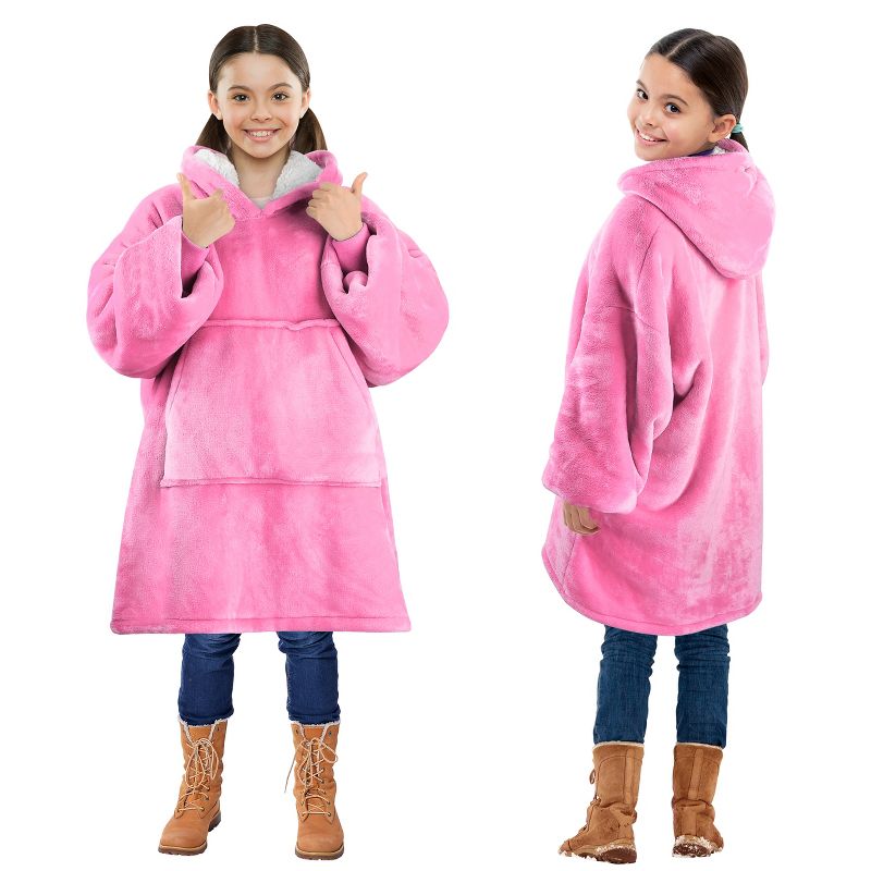 Solaris Hot Pink Blanket Hoodie Sweatshirt for 7-16yr Kid Teen Youth, Cozy Warm Plush Fleece Wearable Blanket Pullover with Larger Pocket