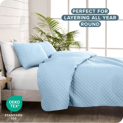 Light Blue Diamond Stitched Microfiber Full Coverlet Set