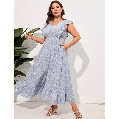 Clearlove Women's Summer Plus Size Dress Ruffle Cap Sleeveless V Neck Side Split Long Beach Maxi Dress
