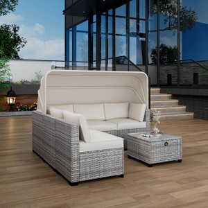 6-Piece PE Rattan Patio Sectional Set, Weather-Resistant Furniture, Retractable Canopy, Adjustable Backrest, Outdoor Sofa for Poolside, Garden - 1 of 4