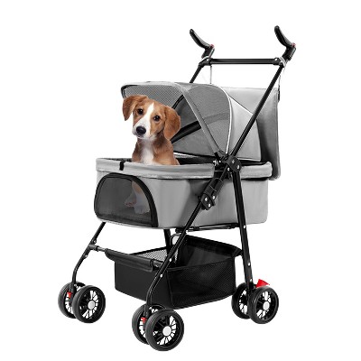 iMountek "Foldable 4-Wheel Pet Stroller with Removable Liner, Storage Basket for Dog & Cat Travel Jogger"Black , Grey