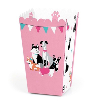 Big Dot of Happiness Pawty Like a Puppy Girl - Pink Dog Baby Shower or Birthday Party Favor Popcorn Treat Boxes - Set of 12