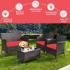 Tangkula 4 Pieces Patio Rattan Conversation Furniture Set Outdoor w/ Brown & Red Cushion - 4 of 4