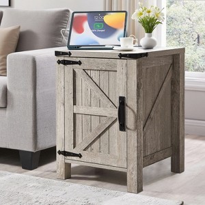 OKD Nightstand with Charging Station, Farmhouse End Table w/Barn Door - 1 of 4