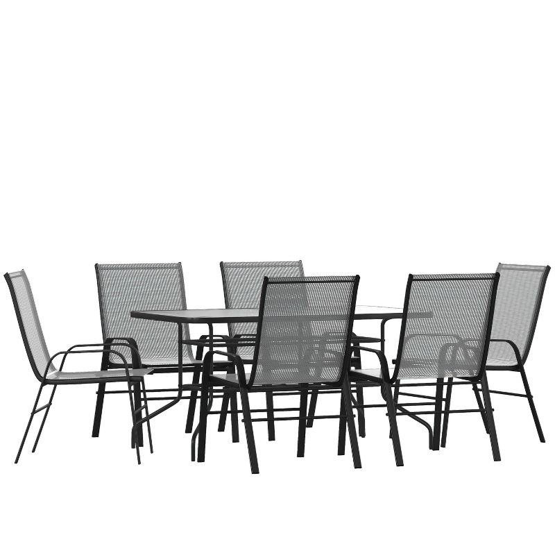 Emma and Oliver Seven Piece Patio Table Set with Metal Table with Tempered Glass Top and 6 Flex Comfort Stacking Chairs, 1 of 11