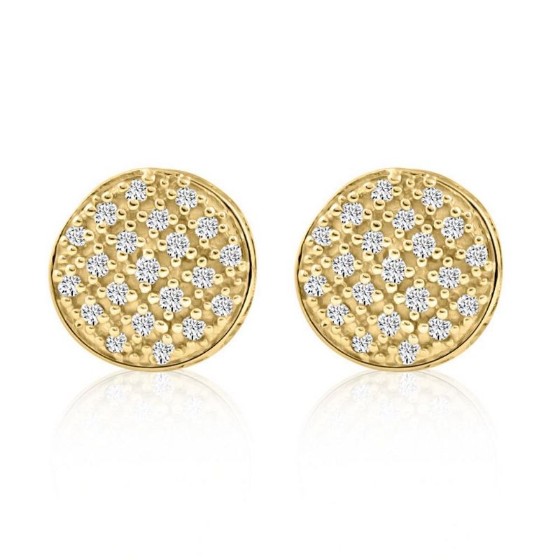 Pompeii3 Pave Diamond Round Studs Screw Back Earrings White or Yellow Gold 7mm Wide, 1 of 4