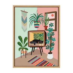 Kate and Laurel Sylvie TV Cat Bed Framed Canvas by Rachel Lee of My Dream Wall, 18x24, Natural - 1 of 4
