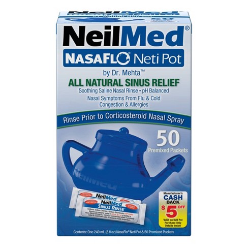 Arm & Hammer Neti Pot with 50 Saline Packets, Nasal Rinse Kit for Sinus  Nasal Congestion, Allergy Relief- Natural - Blue - 240mL
