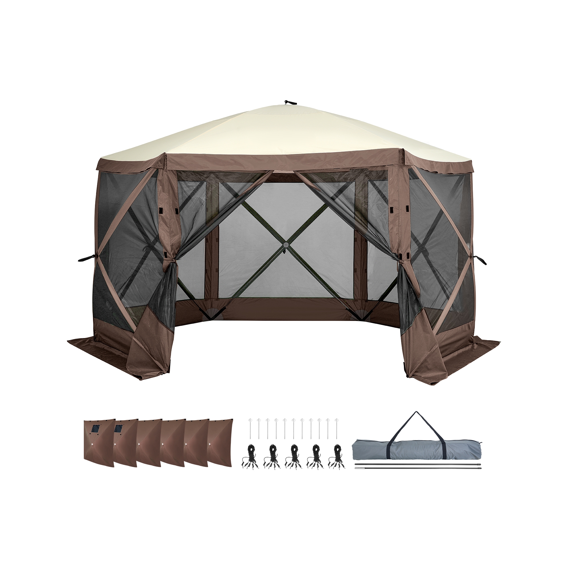 VEVOR Pop Up Gazebo Tent, Pop-Up Screen Tent 6 Sided Canopy Sun Shelter, 11.5x11.5FT Quick Set Screen Tent with Mosquito Netting, Brown