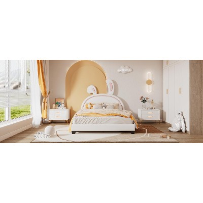 Vynxaria Full Size Upholstered Leather Platform Bed with Adorable Rabbit Ornament
