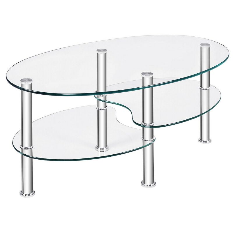 Costway Tempered Glass Oval Side Coffee Table Shelf Chrome Base Living Room Clear, 1 of 13