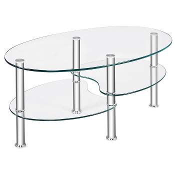 Costway Tempered Glass Oval Side Coffee Table Shelf Chrome Base Living Room Clear