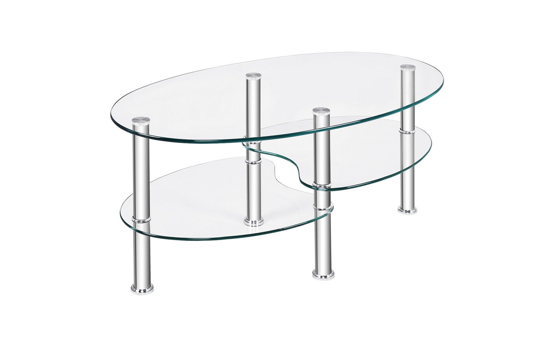Costway Tempered Glass Oval Side Coffee Table Shelf Chrome Base Living Room Clear
