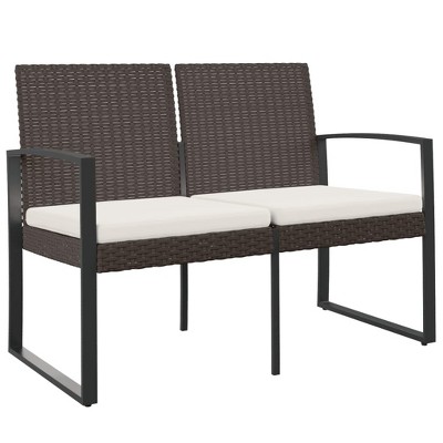 vidaXL 2-Seater Patio Bench with Cushion, Brown PP Rattan