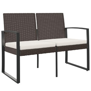 vidaXL 2-Seater Patio Bench with Cushion, Brown PP Rattan - 1 of 4