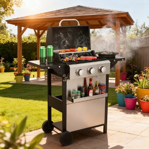 BAOURE 3-Burner Propane Gas BBQ Grill, 25,650 BTU Outdoor Barbecue with Foldable Side Tables & Stainless Steel Warming Rack - 1 of 4