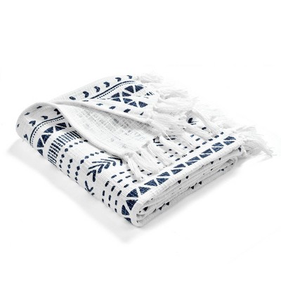 50"x60" Hygge Striped Cotton Slub Tassel Fringe Throw Blanket Navy/White - Lush Décor