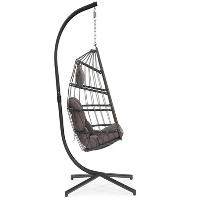 76"outdoor patio Wicker Hanging Chair Swing Chair Patio Egg Chair UV Resistant Dark grey cushion Aluminum frame