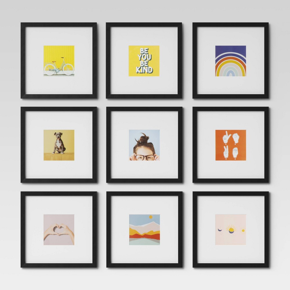 Photos - Photo Frame / Album Set of 9 Gallery Frame Set 10" x 10" Matted to 5" x 5" Black - Room Essent