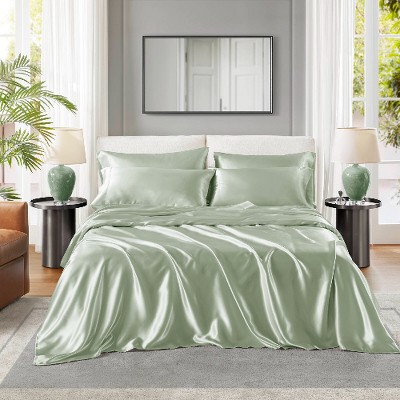 Lyngins Satin Luxury Bed Sheets Set, Wrinkle-Free Split King Bedding Set, 1 Flat Sheet, 2 Fitted Sheets (Fits 16" Mattresses), 4 Pillowcases