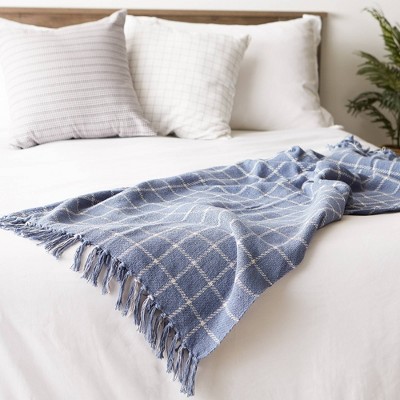 Stonewash Blue Checked Plaid Cotton Throw, 50"x60"