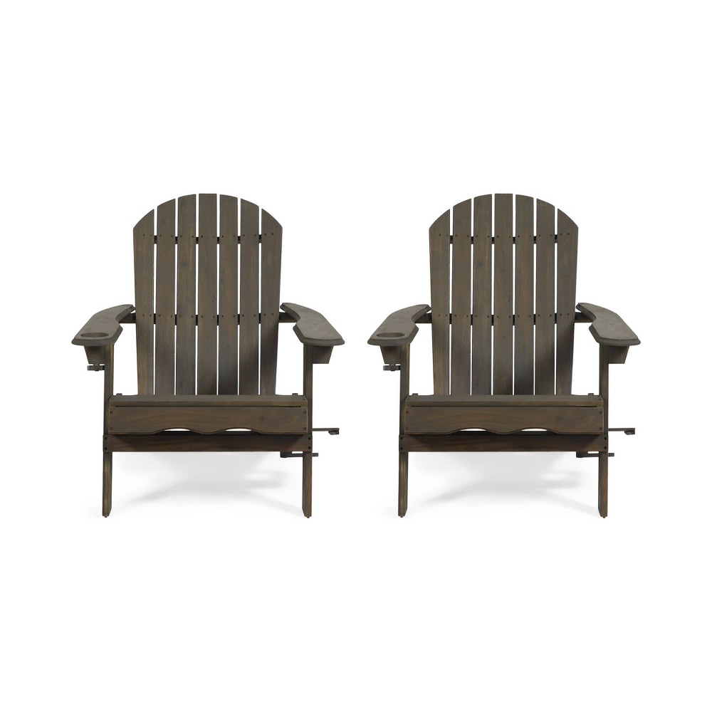2pk Bellwood Outdoor Acacia Wood Folding Adirondack Chairs Gray - Christopher Knight Home: Rustic Design, Cup Holders